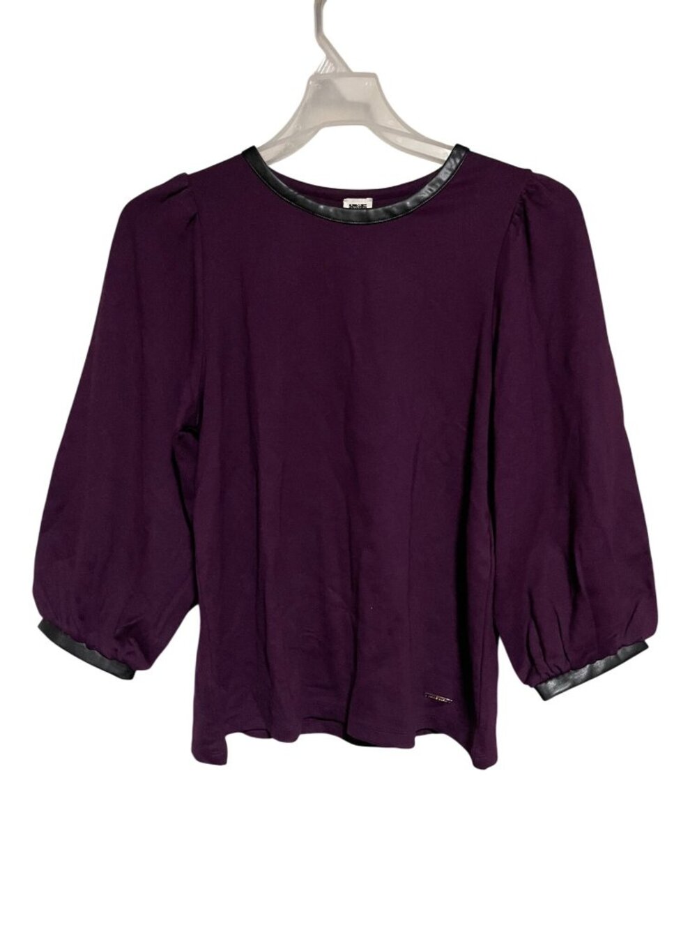 Anne Klein Womens Purple Puff Sleeve Top Faux Leather Trim Size M